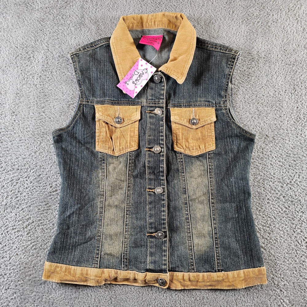 Carol's Denims Womens Blue Denim Vest Tan Corduroy Trim L 12-14 NEW Vintage 90s